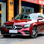 **

A well-maintained, pre-owned Mercedes-Benz E-Class (model year around 2018-2020) parked in front of a modern Vietnamese coffee shop in Saigon. The car is clean and gleaming. Focus on the luxurious interior visible through the windows (leather seats, wood trim). People are casually walking by, creating a vibrant city atmosphere. The lighting is warm and inviting. The overall feeling should be aspirational yet approachable, hinting at the accessible luxury of owning a used E-Class.

**