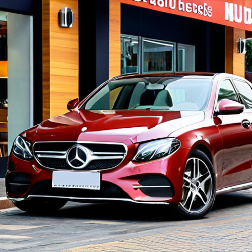 **

A well-maintained, pre-owned Mercedes-Benz E-Class (model year around 2018-2020) parked in front of a modern Vietnamese coffee shop in Saigon. The car is clean and gleaming. Focus on the luxurious interior visible through the windows (leather seats, wood trim). People are casually walking by, creating a vibrant city atmosphere. The lighting is warm and inviting. The overall feeling should be aspirational yet approachable, hinting at the accessible luxury of owning a used E-Class.

**