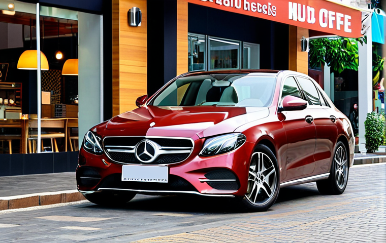 **

A well-maintained, pre-owned Mercedes-Benz E-Class (model year around 2018-2020) parked in front of a modern Vietnamese coffee shop in Saigon. The car is clean and gleaming. Focus on the luxurious interior visible through the windows (leather seats, wood trim). People are casually walking by, creating a vibrant city atmosphere. The lighting is warm and inviting. The overall feeling should be aspirational yet approachable, hinting at the accessible luxury of owning a used E-Class.

**